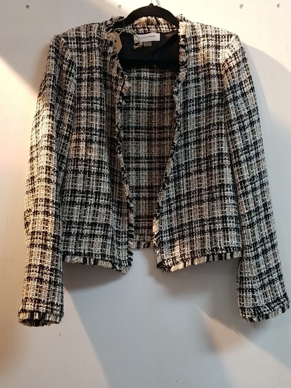 Calvin Klein Black & White Tweed Fringe Open-Front Blazer